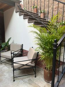 duas cadeiras numa varanda com plantas em Hotel Boutique Rincón de Luna em San Juan del Río