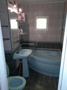 a bathroom with a tub and a toilet and a sink at Apartament Straja - (Lupeni) in Lupeni