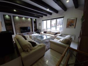 a living room with couches and a fireplace at BASCARSIJA house in Sarajevo