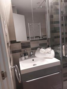 a bathroom with a white sink and a shower at Apartamento Zaragoza Plaza Europa in Zaragoza