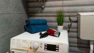 una lavatrice con un asciugacapelli in cima di Central Fenix apartment - Free private parking-Fast WI-FI a Novi Sad