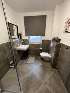 a bathroom with a shower and a toilet and a sink at ApartHotel Roxheim in Roxheim