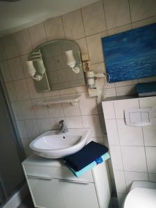 a bathroom with a sink and a mirror and a toilet at InselScheune Rügen in Wiek auf Rügen 