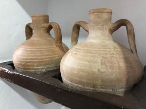Dois vasos estão numa prateleira. em Cortijo los Garridos - 7 huéspedes em Almeria