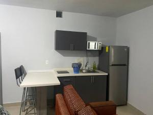 a small kitchen with a refrigerator and a counter at Loft Hermoso en Guadalupe BBVA in Monterrey