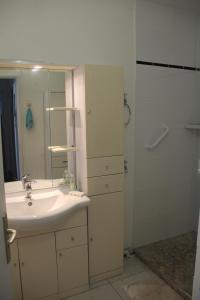 La salle de bains est pourvue d'un lavabo, d'un miroir et d'une douche. dans l'établissement Le TOM de ROYAN, à Royan