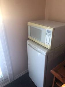 a microwave sitting on top of a refrigerator at Freeda's Place in Toronto