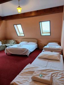 two beds in a room with two windows at Motel Delfin ** in Trojanów