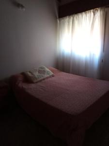 1 dormitorio con 1 cama y ventana con manta rosa en Lo de Normi en Tandil