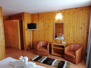 een slaapkamer met een bed en 2 stoelen en een televisie bij Pensiunea Solinia in Dunavăţu de Jos