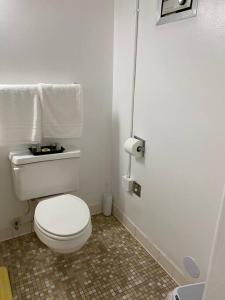 een badkamer met een wit toilet en een tegelvloer bij Charming Micro studio in Gadsden, AL in Gadsden