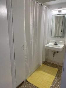 baño con cortina de ducha blanca y lavamanos en Charming Micro studio in Gadsden, AL en Gadsden
