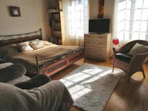 Schlafzimmer mit einem Bett, einem TV und einem Stuhl in der Unterkunft Chambres d'hôtes chez Pierrot et Flo in Vugelles-La Mothe