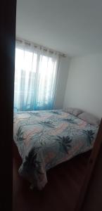 1 dormitorio con 1 cama y una ventana con cortinas en Depto huasco, en Huasco