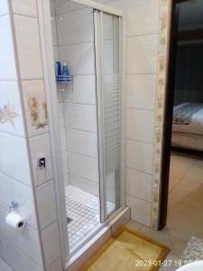 a shower with a glass door in a bathroom at Mkhandi Self Catering in Durban