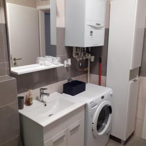 uma casa de banho com uma máquina de lavar roupa e um lavatório em Mabela em Virovitica
