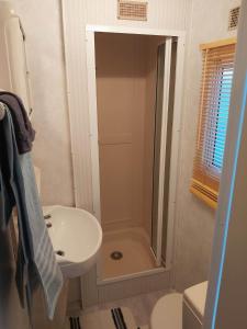 a bathroom with a shower and a sink and a toilet at Caravan 2 bedroom - New Camping Ideal in De Haan