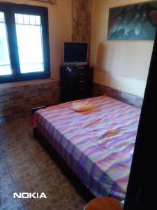 a bedroom with a bed and a tv and window at Alex house with garden in kallithea halkidiki in Kallithea Halkidikis