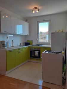 a kitchen with lime green cabinets and a window at Apartman Bonaca in Jadranovo