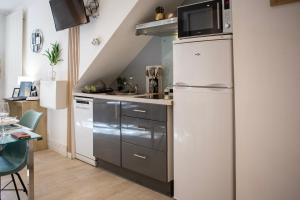 a kitchen with a refrigerator with a microwave on top at LES FRANKLINS APPARTEMENTS - Hyper CENTRE Mulhouse in Mulhouse