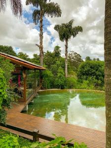 einen Pool mit grünem Wasser und einer Holzterrasse in der Unterkunft Casa Rosa - Terra Dourada, Paraíso na Natureza in Brasilia