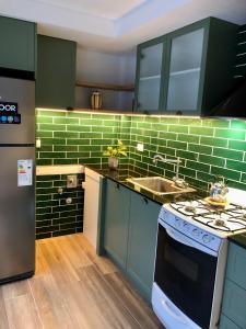 a green kitchen with a stove and a sink at Chalet Pura Vida in Mar del Plata