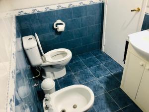 a blue tiled bathroom with a toilet and a sink at Chalet Pura Vida in Mar del Plata