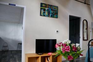 a living room with a tv and a vase of flowers at Cosy cottage near Hartland Village in Bideford