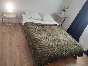 - une chambre avec un grand lit et du parquet dans l'établissement magnifique appartement rénové à 15 min de Paris, à Thiais