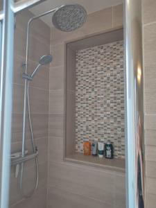 La salle de bains est pourvue d'une douche avec un pommeau de douche. dans l'établissement magnifique appartement rénové à 15 min de Paris, à Thiais