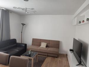 - un salon avec un canapé et une télévision dans l'établissement magnifique appartement rénové à 15 min de Paris, à Thiais