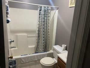 a small bathroom with a toilet and a shower at Hoosier Travel Lodge in Jeffersonville