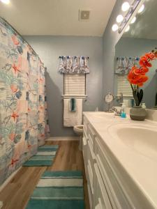 een badkamer met een wastafel, een toilet en een spiegel bij Beach House with Ocean view in Surfside Beach