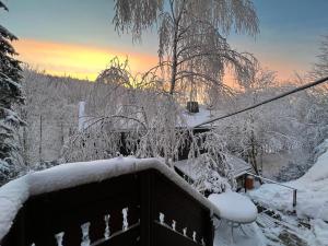 PiesauにあるGasthaus Piesau - Thüringer Wald - Rennsteigの雪に覆われたバルコニーから夕日を望めます。