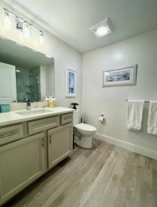 ein Badezimmer mit einem WC, einem Waschbecken und einem Spiegel in der Unterkunft Harbourtown Suite Water View in Plymouth
