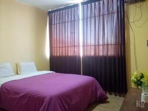 萬卡約的住宿－CasaHotel Centro - Huancayo，一间卧室设有紫色的床和大窗户