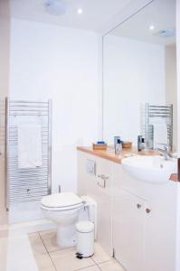 a white bathroom with a toilet and a sink at 2 bed 2 bath Apartment with Canal View in Dublin +14 photos