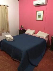 1 dormitorio con cama azul y pared rosa en Solares de Cacheuta en Cacheuta