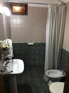 a bathroom with a sink and a toilet and a shower at Solares de Cacheuta in Cacheuta