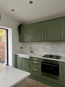 a kitchen with green cabinets and a sink at Modern Space 20 minutes from Dublin Airport in Dunboyne