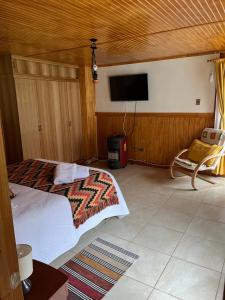 a bedroom with a bed and a flat screen tv at Cabaña Central Coyhaique in Coihaique
