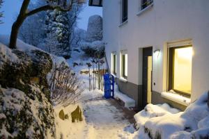 una acera cubierta de nieve junto a una casa con una puerta azul en Ferienwohnung Zum Sperberring - Parkplatz - Wallbox - WLAN - Netflix&Disney - sehr ruhig - perfekt zum entspannen & erholen, en Ilmenau