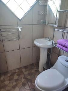 a bathroom with a white toilet and a sink at Ojochal studio design conteneur & jardin in Ojochal