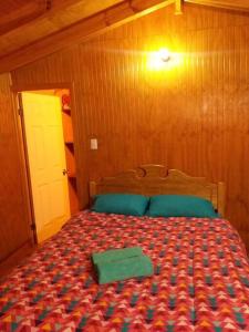 ein Schlafzimmer mit einem Bett mit einer grünen Bettdecke in der Unterkunft El Sauce de las Vegas in Cobquecura