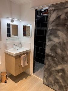 a bathroom with a shower and a sink and mirror at Rez-de-chaussée indépendant avec piscine in Sainte-Marie