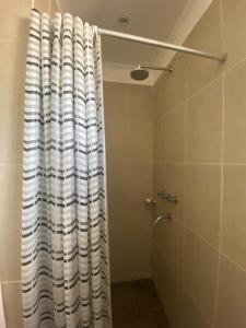 baño con ducha con cortina y ducha en Casa espaciosa en Ramallo cerca del Río en Ramallo