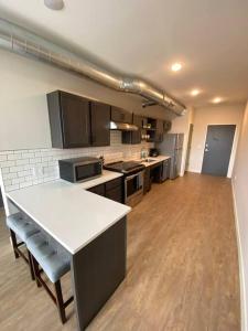 a kitchen with a white counter top in a room at Luxury River-Front Handicap Accessible Studio Apt in Davenport