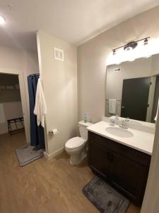 ein Badezimmer mit einem Waschbecken, einem WC und einem Spiegel in der Unterkunft Stunning Luxury 1 bd 1 bath Apt Downtown QC in Davenport