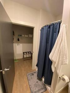 ein Badezimmer mit einer Dusche mit einem blauen Duschvorhang in der Unterkunft Stunning Luxury 1 bd 1 bath Apt Downtown QC in Davenport