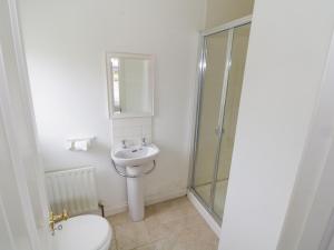 a bathroom with a toilet and a sink and a shower at Springwood Cottage in Louisburgh